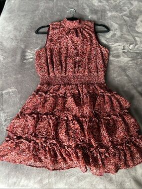 1. STATE Burgundy Floral Smocked tiered Neck Ruffle Dress
